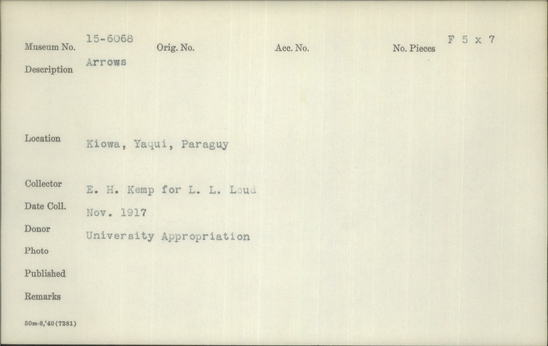 Documentation associated with Hearst Museum object titled Black-and-white negative, accession number 15-6068, described as 3 Kiowa arrows 2-4831; 1 Yaqui arrow 3-1877; 1 Paraguy arrow 16-520