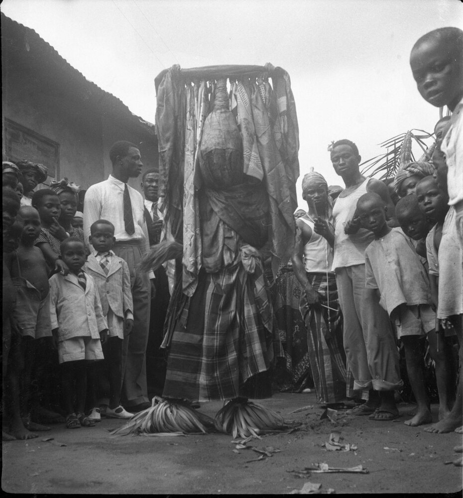 Hearst Museum object titled Black-and-white negative, accession number 15-31690, described as Black-and-white negative, Nigeria, Abeokuta, Igbo Egungun, 1951