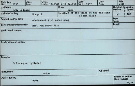 Documentation associated with Hearst Museum object titled Audio recording, accession number 24-1755, described as Adolescent Girl Dance Song