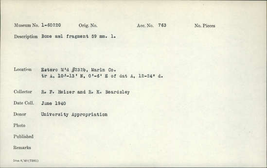 Documentation associated with Hearst Museum object titled Awl fragment, accession number 1-60220, described as Bone. Notice: Image restricted due to its potentially sensitive nature. Contact Museum to request access.