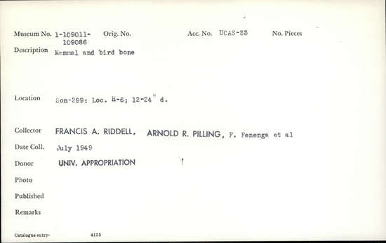 Documentation associated with Hearst Museum object titled Faunal remains, accession number 1-109049, described as Mammal or bird.