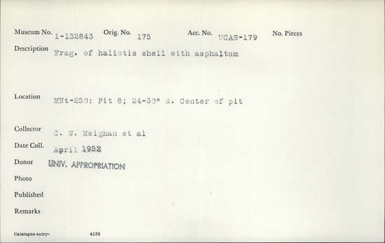 Documentation associated with Hearst Museum object titled Shell fragment, accession number 1-132843, described as Haliotis shell with asphaltum.