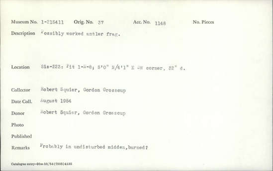 Documentation associated with Hearst Museum object titled Antler, accession number 1-215411, described as Antler, possibly worked.