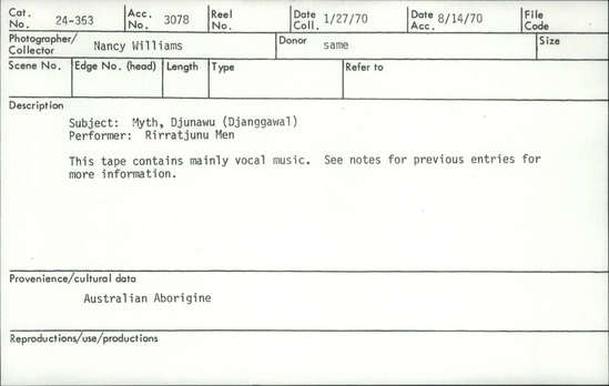 Documentation associated with Hearst Museum object titled Audio recording, accession number 24-363, described as Myth, Djunawu (Djanggawal), performed by Rirratjunu Men. This tape contains mainly vocal music. See notes for previous entries for more information.