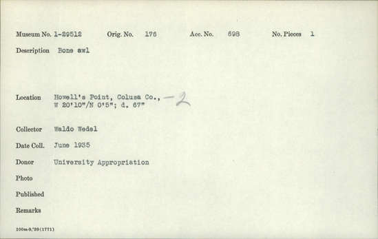 Documentation associated with Hearst Museum object titled Awl, accession number 1-29512, described as Bone.