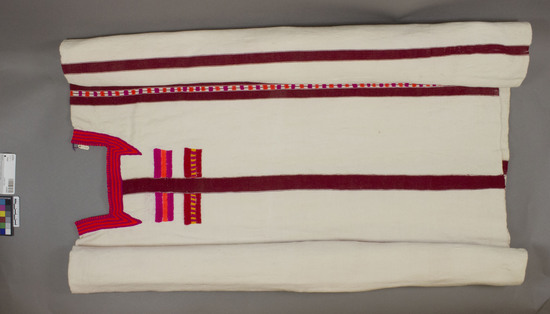 Hearst Museum object titled Huipil, accession number 3-27819, described as Huipil: Woman's white cotton cloth with red vertical stripes. Embroidered decoration in orange and magenta near the neck.