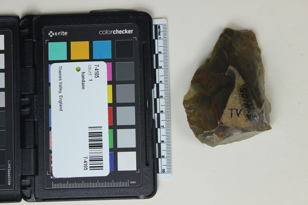 Hearst Museum object 1 of 2 titled Handaxe, accession number 7-4105, described as Hand axe; greyish-green flint