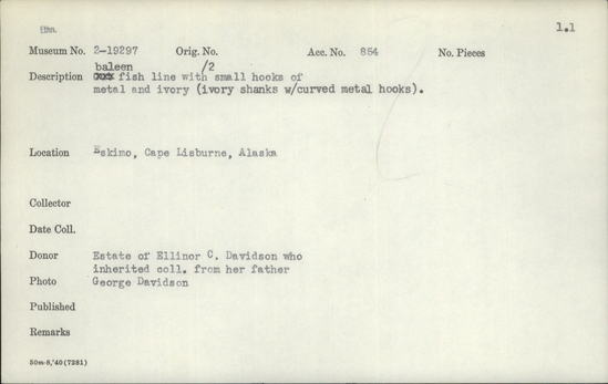 Documentation associated with Hearst Museum object titled Line and hooks, accession number 2-19297, described as Baleen fish line with 2 small hooks of metal and ivory (ivory shanks with curved metal hooks).