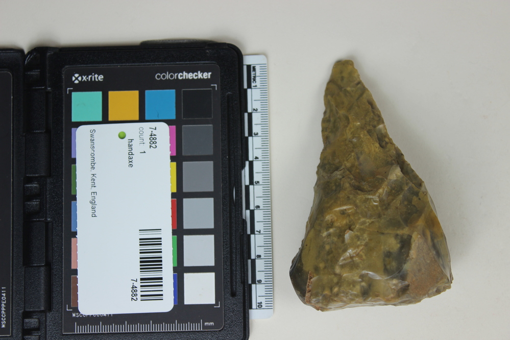 Hearst Museum object titled Handaxe, accession number 7-4882, described as Acheulian handaxe; greenish flint