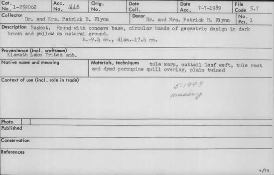 Documentation associated with Hearst Museum object titled Basket, accession number 1-259062, described as Round with concave base, circular bands of geometric design in dark brown and yellow on natural ground.