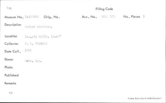 Documentation associated with Hearst Museum object titled Lithic, accession number 1-148366, described as Worked.