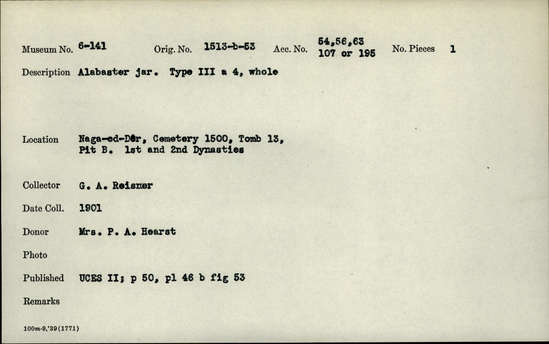 Documentation associated with Hearst Museum object titled Jar, accession number 6-141, described as Alabaster jar. Type III a 4. Whole