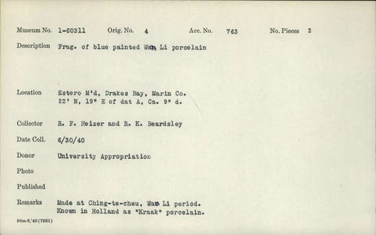 Documentation associated with Hearst Museum object titled Porcelain fragments, accession number 1-60311a,b, described as fragment of blue painted Wan Li porcelain.  Attached to 1-60312 and 1-61352. Notice: Image restricted due to its potentially sensitive nature. Contact Museum to request access.