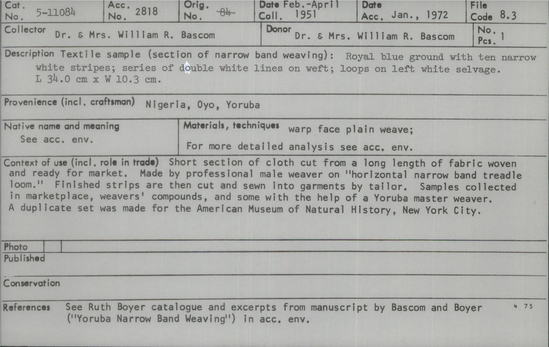 Documentation associated with Hearst Museum object titled Textile fragment, accession number 5-11084, described as Textile sample (section of narrow band weaving): Royal blue ground with ten narrow white stripes; series of double white lines on weft; loops on left white selvage.