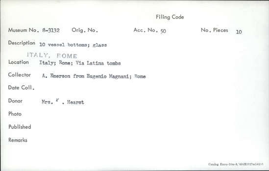 Documentation associated with Hearst Museum object titled Glass, accession number 8-3132, described as Ten vessel bottoms; glass