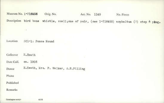 Documentation associated with Hearst Museum object titled Whistle, accession number 1-216456, described as Bird bone whistle, small, asphaltum (?) stop and plug.