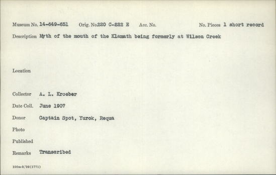 Documentation associated with Hearst Museum object titled Wax cylinder recording, accession number 14-649, described as Myth of the mouth of the Klamath being formerly at Wilson Creek Notice: Image restricted due to its potentially sensitive nature. Contact Museum to request access.