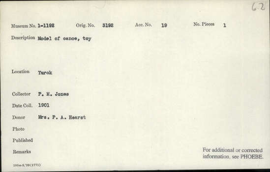 Documentation associated with Hearst Museum object titled Canoe model, accession number 1-1192, described as Model of canoe, toy