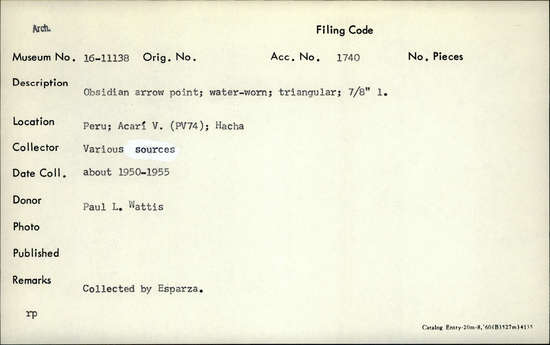 Documentation associated with Hearst Museum object titled Projectile point, accession number 16-11138, described as Obsidian arrow point; water worn; triangular; L. 7/8 inch