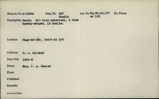 Documentation associated with Hearst Museum object titled Beads, accession number 6-15884, described as Beads: 30+ blue spherical, 3 blue barrel-shaped, 12 shells.