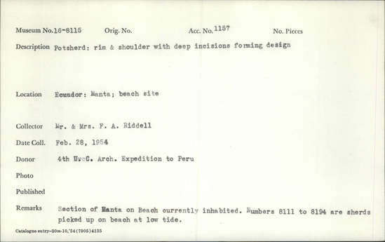 Documentation associated with Hearst Museum object titled Potsherd, accession number 16-8115, described as Potsherd: rim and shoulder with deep incisions forming design