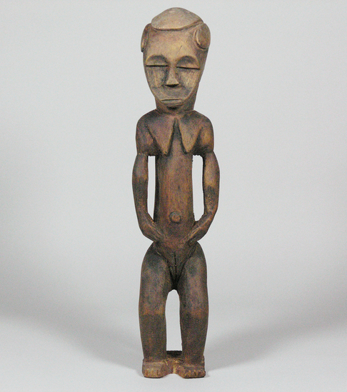 Hearst Museum object titled Statue, accession number 5-1844, described as wooden female statue(eyime) ; 18½" h (46.95 cm) carved in 1959 by Mebale Eyi, clan Bukweé, village Nkolabona, District Oyem, carver 65 years old.