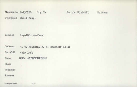 Documentation associated with Hearst Museum object titled Shell fragment, accession number 1-130780, described as Shell fragment.