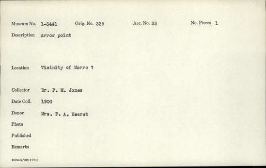 Documentation associated with Hearst Museum object titled Projectile point, accession number 1-3441, described as Arrow point