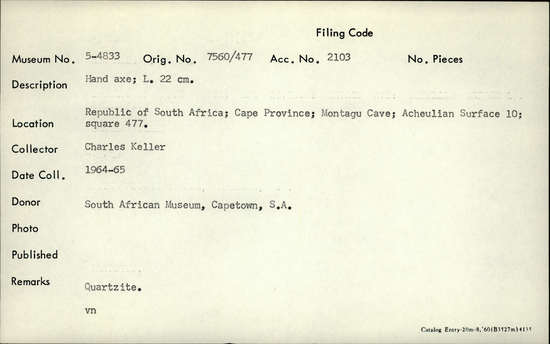 Documentation associated with Hearst Museum object titled Handaxe, accession number 5-4833, described as Hand axe; Length 22 cm.