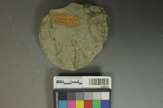 Hearst Museum object titled Hammerstone, accession number 2-58516, described as hammerstone of green chert, irregular shape, battered around periphery.  10 cm. length