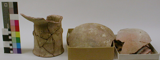 Hearst Museum object titled Jar, accession number 4-2869, described as Fragments of a large plain jar of heavy red pottery