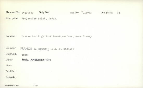 Documentation associated with Hearst Museum object titled Point fragments, accession number 1-104460, described as Projectile