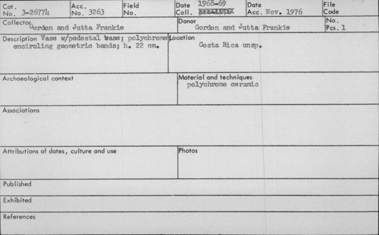 Documentation associated with Hearst Museum object titled Vase, accession number 3-26774, described as Vase with pedestal base; polychrome encircling geometric bands. 22 cm high.