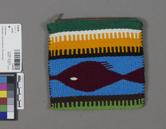 Hearst Museum object 2 of 2 titled Coin purse, accession number 3-29199, described as Coin purse; varicolored woven cotton with fish motif; zipper top. 15 x 12 cm. Made for sale.