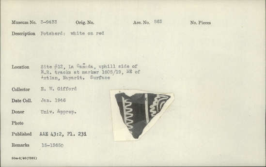 Documentation associated with Hearst Museum object titled Potsherd, accession number 3-9433, described as Potsherd: white on red.