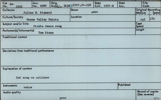 Documentation associated with Hearst Museum object titled Audio recording, accession number 24-2906, described as Circle Dance Song