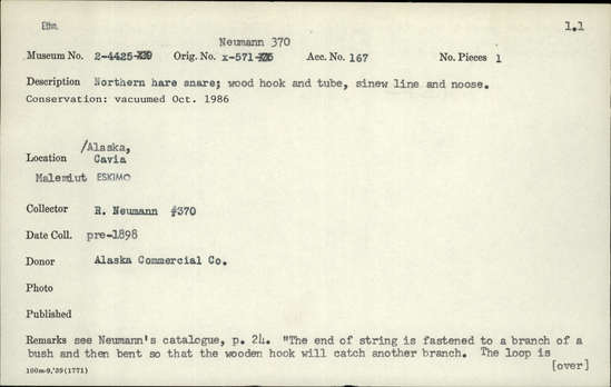 Documentation associated with Hearst Museum object titled Snare, accession number 2-4425, described as Wood hook and tube, sinew line and noose. Neumann #370