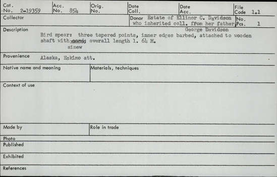 Documentation associated with Hearst Museum object titled Spear, accession number 2-19359, described as Three tapered points, inner edges barbed, attached to wooden shaft with sinew.