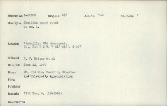 Documentation associated with Hearst Museum object titled Point, accession number 1-46239, described as Obsidian spear point.