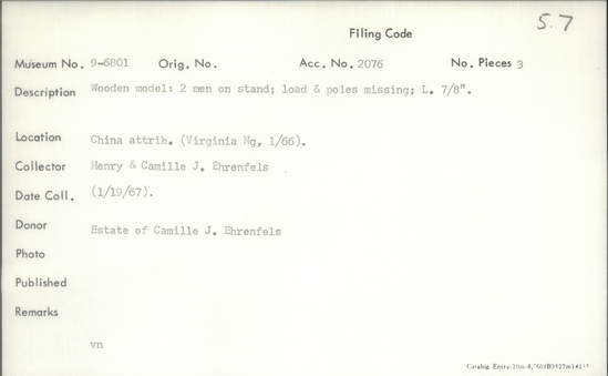 Documentation associated with Hearst Museum object titled Model, accession number 9-6801, described as Wooden model: 2 men on stand; load and poles missing; length 7/8 inches.