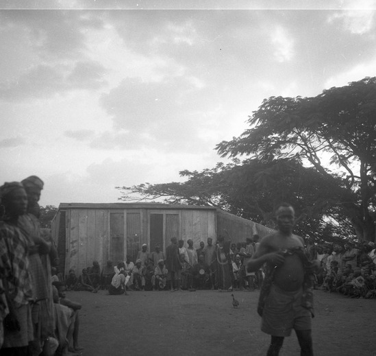 Hearst Museum object titled Black-and-white negative, accession number 15-31016, described as Black and white negative, 2.25" Nigeria, Meko, Atinga dancing (3), 1950-1951