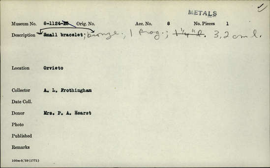 Documentation associated with Hearst Museum object titled Bracelet fragment, accession number 8-1124, described as Bronze small bracelet; one fragment