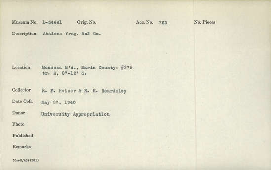 Documentation associated with Hearst Museum object titled Shell fragment, accession number 1-54661, described as Abalone.