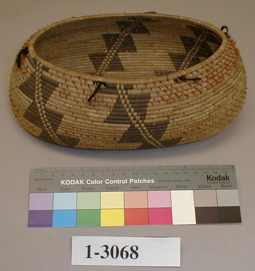 Hearst Museum object titled Canoe shaped basket, accession number 1-3068, described as Canoe shaped basket; coiled. Warp is Willow (Salix), weft is Sedge (Carex). Black pattern is Sedge bark. Green, black, red, blue, and yellow feathers. Double diagonal lines of triangles in black.