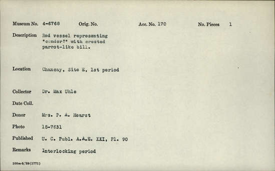 Documentation associated with Hearst Museum object titled Effigy vessel, accession number 4-6768, no description available.