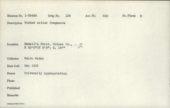 Documentation associated with Hearst Museum object titled Antler fragments, accession number 1-29490, described as Worked antler