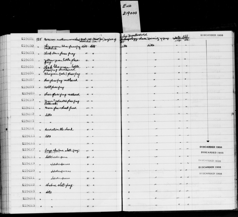 Documentation associated with Hearst Museum object titled Shell fragment, accession number 1-219425, described as abalone shell frag.