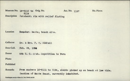 Documentation associated with Hearst Museum object titled Potsherd, accession number 16-8114, described as Potsherd: rim with relief flutting