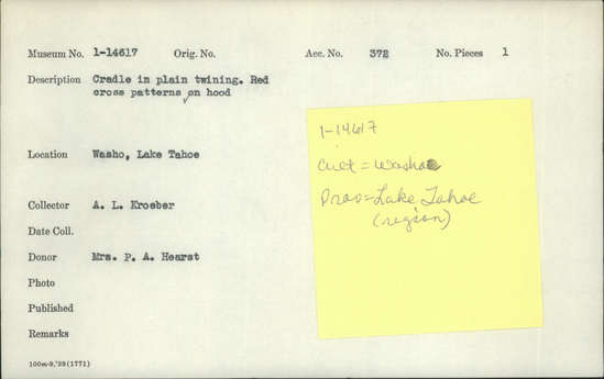 Documentation associated with Hearst Museum object titled Cradle, accession number 1-14617, described as Cradle in plain twining. Red cross patterns on hood.