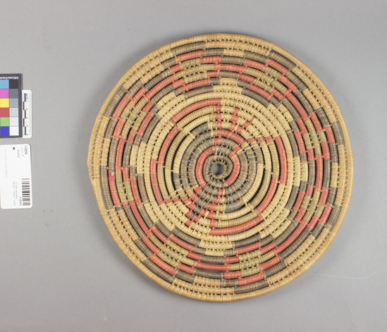 Hearst Museum object titled Basket, accession number 3-28556, described as Basket. Flat tray shape, coiled, thick splint foundation, wrap and loop stitch, palm sewing, alternating blue, green, red, and natural colors with butterfly design in center. diameter 32.0 cm., height 2.5 cm.